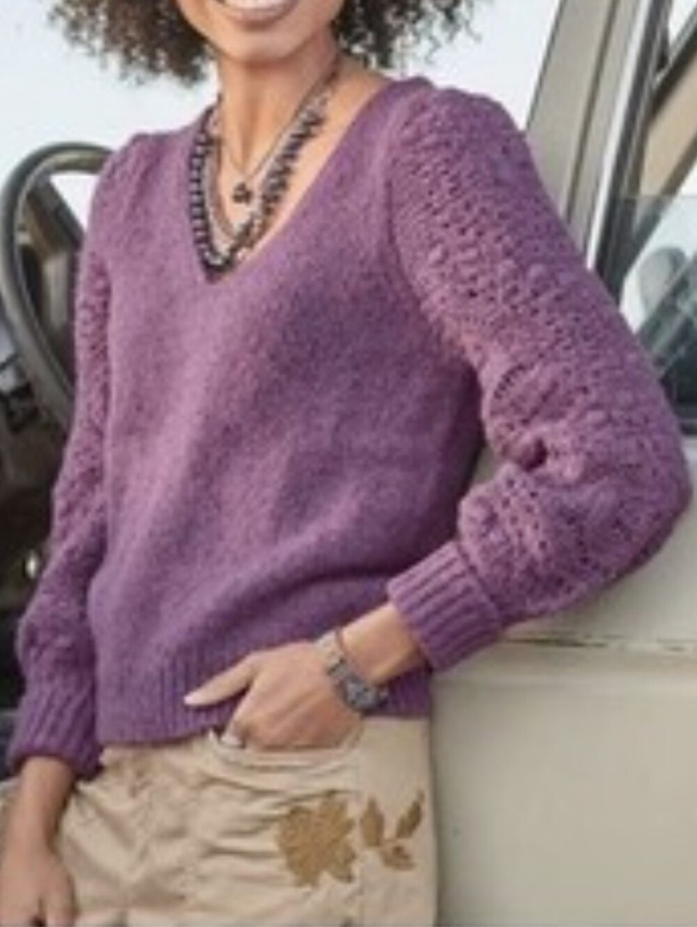 Sundance Yessica Sweater Open Knit Sleeve Women Purple XL Quiet Luxury Preppy